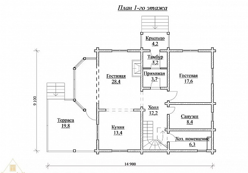 Двухэтажный дом из бруса 188х130 с крыльцом, с террасой и балконом 1